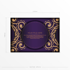 Luxurious purple postcard template with vintage abstract mandala ornament. Elegant and classic vector elements are great for decoration.