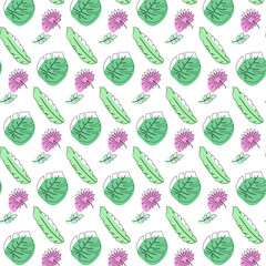 Colourful tropical monstera, banana palm leaves wallpaper. Vector Nature seamless pattern.  Line doodle art. Hand drawn outline design for fabric, child print, cover, banner and invitation.