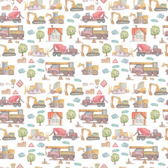 Construction vehicles construction hand-drawn watercolor illustration. print