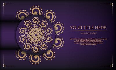 Luxurious purple invitation card template with vintage indian ornaments. Elegant and classic elements ready for print and typography. Vector illustration.