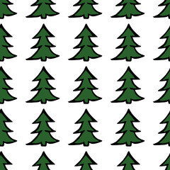 Seamless pattern with christmas trees. Green christmas trees isolated on white background. Doodle vector illustration with christmas trees.
