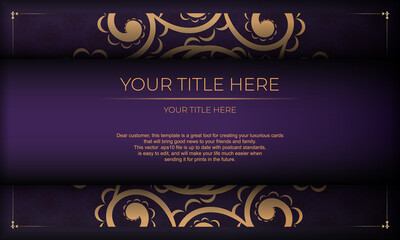 Luxurious purple invitation card template with vintage indian ornaments. Elegant and classic elements ready for print and typography. Vector illustration.