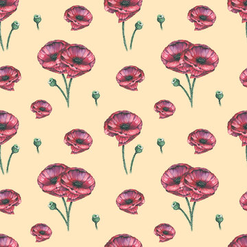 Watercolor poppies on light yellow background
