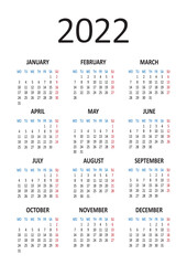 Yearly calendar 2022. Week starts from Monday. Vector illustration