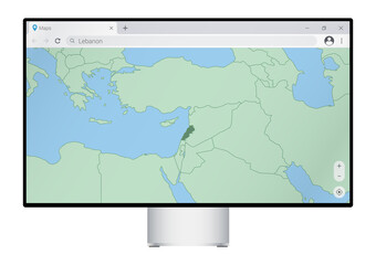 Computer monitor with map of Lebanon in browser, search for the country of Lebanon on the web mapping program.