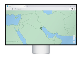 Computer monitor with map of Kuwait in browser, search for the country of Kuwait on the web mapping program.