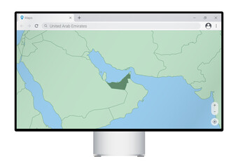 Computer monitor with map of United Arab Emirates in browser, search for the country of United Arab Emirates on the web mapping program.