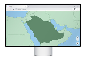 Computer monitor with map of Saudi Arabia in browser, search for the country of Saudi Arabia on the web mapping program.