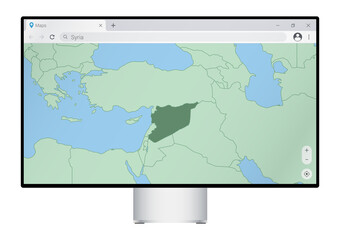 Computer monitor with map of Syria in browser, search for the country of Syria on the web mapping program.