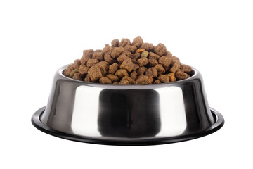 Cats and dogs dry food in a stainless steel bowl on a white background. Pet kibble food in bowl