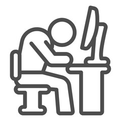 Tired employee line icon, officesyndrome concept, tired employee vector sign on white background, man at monitor outline style for mobile concept and web design. Vector graphics.