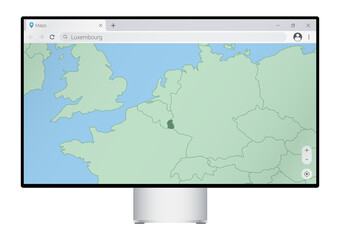 Computer monitor with map of Luxembourg in browser, search for the country of Luxembourg on the web mapping program.