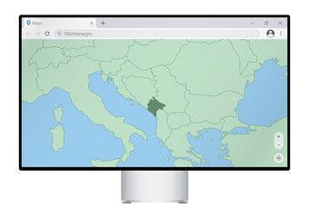 Computer monitor with map of Montenegro in browser, search for the country of Montenegro on the web mapping program.