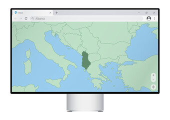 Computer monitor with map of Albania in browser, search for the country of Albania on the web mapping program.