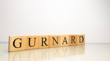 The name Gurnard was created from wooden letter cubes. Seafood and food.