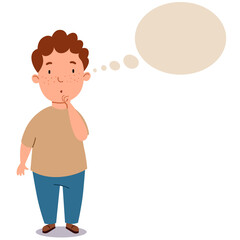 A fat curly-haired Boy in pants and a T-shirt. The child is thinking about an idea. The student thinks about it. cloud for text. Vector illustration on a white isolated background.