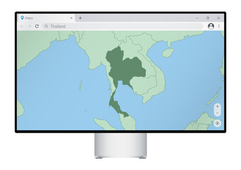 Computer monitor with map of Thailand in browser, search for the country of Thailand on the web mapping program.