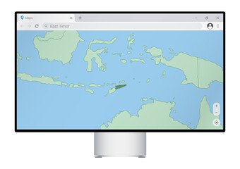 Computer monitor with map of East Timor in browser, search for the country of East Timor on the web mapping program.