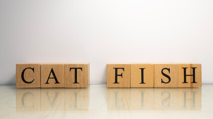 The name Catfish was created from wooden letter cubes. Seafood and food.