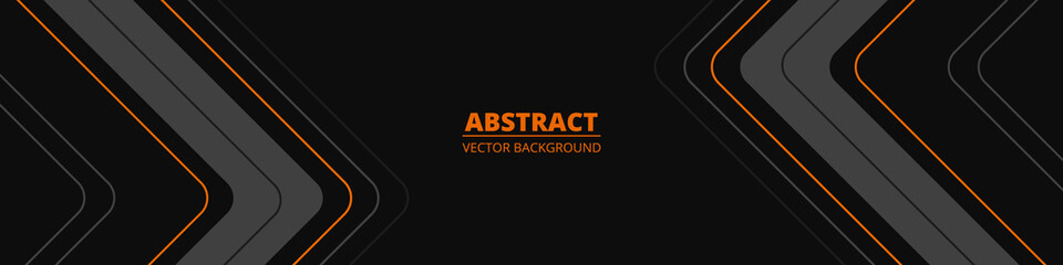 Black wide abstract horizontal banner with gray and orange lines, arrows and angles. Dark modern sporty bright futuristic horizontal abstract background. Wide vector illustration EPS10.