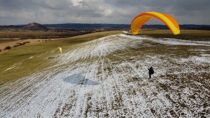 paragliding training on a meadow aerial view Czech republic