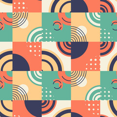 Vector abstract seamless pattern. Bright geometric shapes and forms. Retro styled layout or template with circles and arcs, modern contrasting dots and lines.
