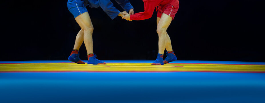Two men in blue and red wrestling on a yellow wrestling carpet in the gym. Horizontal sport poster, greeting cards, headers, website