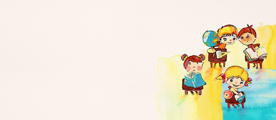 Watercolor school children. Education concept