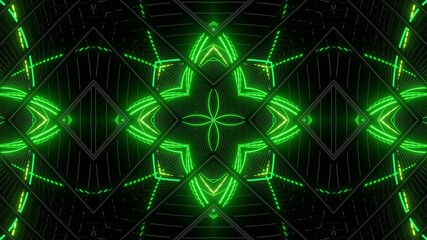 Geometric abstract background. Abstract symmetrical composition, green gray 3d elements. 3d render abstract kaleidoscope with 3d simple objects. Motion design style