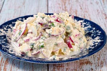 Delicious and fresh salad on a plate made of healthy products cooked at home for lunch. close up