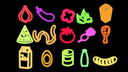 Neon bright glowing multicolored set of 15 icons of delicious food and snacks items for restaurant bar cafe: vegetables, garlic, popcorn, nuts, pizza, sausage, juice, tomato