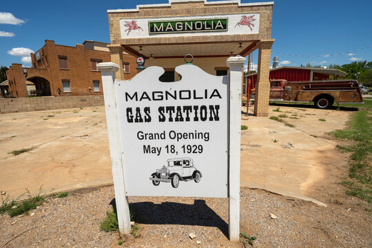 Shamrock, Texas - May 6, 2021: Old fashioned classic Magnolia gas station along Route 66