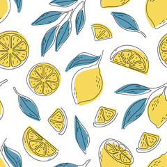 Obraz premium Seamless summer pattern with lemons and leaves.