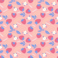 Strawberry seamless fruit pattern with flower, rainbow on pink backgrownd. Vector flat illustration. Summer fruit concept. design for textile, wallpaper, wrapping, backdrop