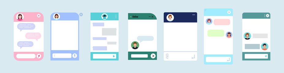 Chat bot dialoge windows flat design set isolated. Ai robot chat online service concept. Vector illustration of talk interface with chatbot robot, woman, man and customer avatar, message bubble.