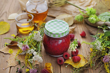 fresh fruit jam in glass jar. autumn harvest. healthy eating