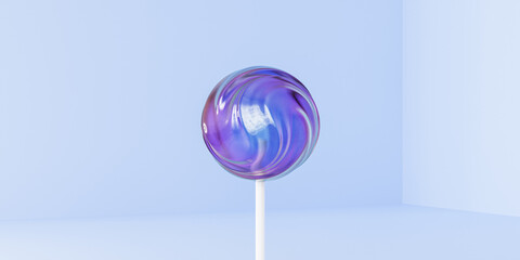 Shiny lollipop sweet candy on stick, blue pastel banner, 3d render