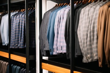 Pants in men's hands in a clothing store, close-up.