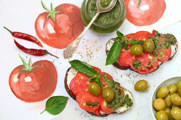 Bruschetta with cream cheese, tomatoes and pesto sauce