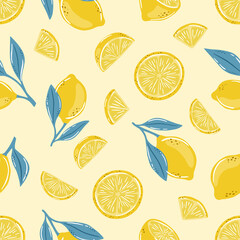 Seamless summer pattern with lemons and leaves.