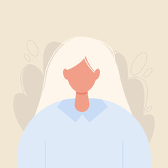 Woman portrait. Girl avatar in blue clothes with straight, long white hair. Female vector illustration.