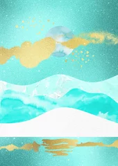 Zelfklevend Fotobehang Celestial Landscape collage, gouden folie en aquarel turquoise achtergrond. Hemelse bergen, zon en maan © Julia Klintsova