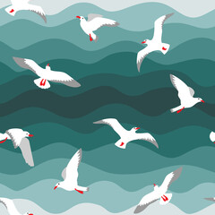 Vector seamless pattern in the flat style of a seagull over the waves. Wild seabirds fly over the water. Turquoise waves-a gradient from darkness to light. Horizontal stripes. Great summer background.