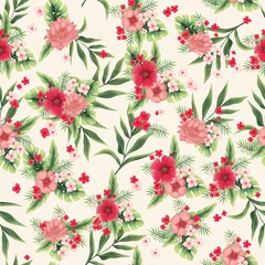 Tuinposter Seamless tropical pattern with green monstera leaf, palm leaves and pink flowers in bloom on light yellow background. Bright summer design for fabric print, wrapping paper, wallpapers, cards, etc. © Katya Ptitsa