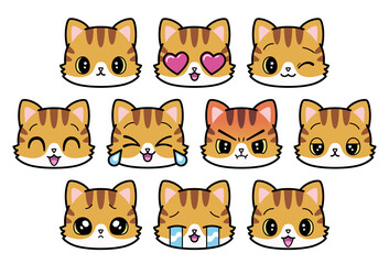 Set of cute emoji cats Vector illustration