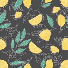 Seamless summer pattern with lemons and leaves.