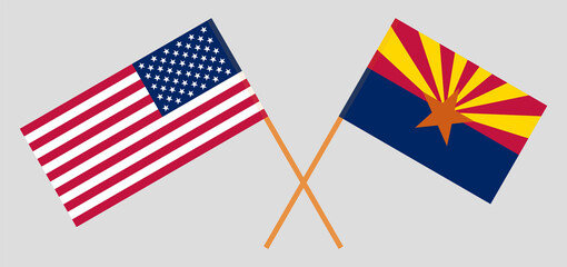 Crossed flags of the USA and the State of Arizona. Official colors. Correct proportion