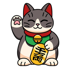 Isolated kawaii asian cat. Neko with one hand up - Vector