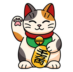 Isolated kawaii asian cat. Neko with one hand up - Vector