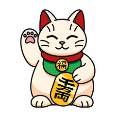 Isolated kawaii asian cat. Neko with one hand up - Vector